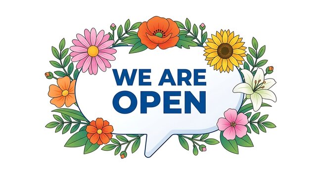 Floral banner announcing business is open again