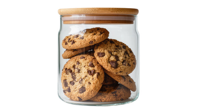 Chocolate chip cookies stacked inside a glass jar with bamboo lid, isolated on transparent background