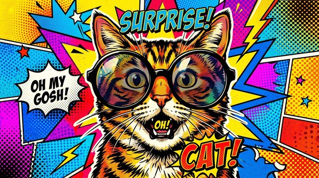 Colorful pop art portrait of a surprised cat with glasses in a vibrant comic book style featuring speech bubbles and halftones for creative social media and pet brand marketing
