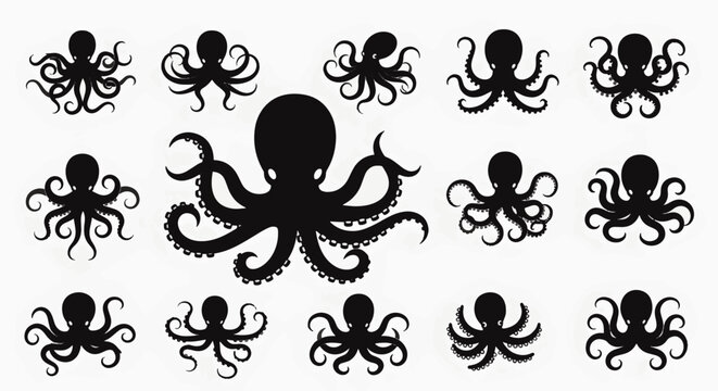 Collection of thirteen black octopus silhouettes on a white background featuring various tentacle positions, suction cup details, and sizes for graphic design and marine life themes.