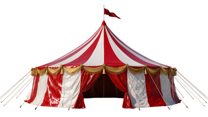 Red and white striped circus tent with gold trim, isolated on transparent background © Ruslan