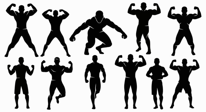 Silhouettes of muscular men flexing in various poses.