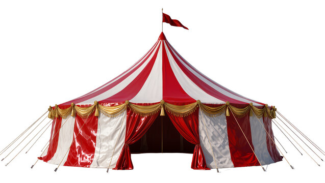 Red and white striped circus tent with gold trim, isolated on transparent background