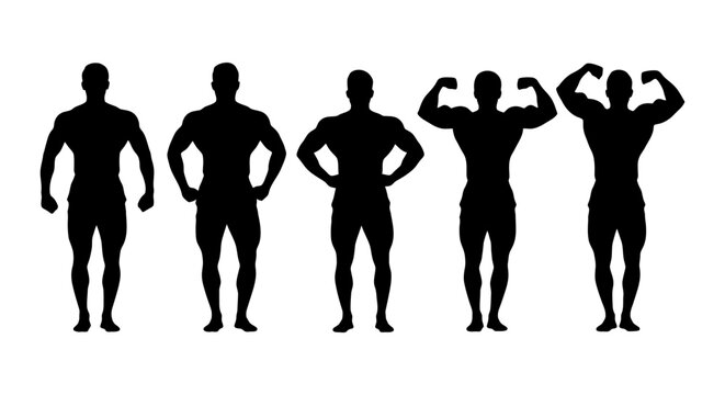 Silhouettes of five muscular bodybuilders flexing in various poses.