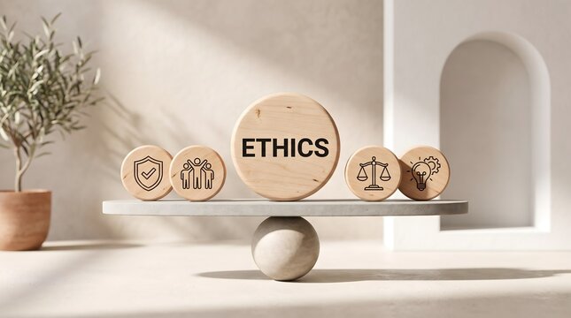 Business ethics and corporate governance concept featuring wooden blocks balancing trust fairness and innovation