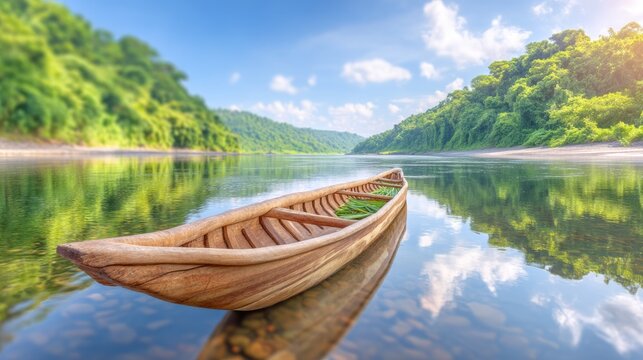 Traditional Pirogue Canoe on Tranquil River in Congo Landscape