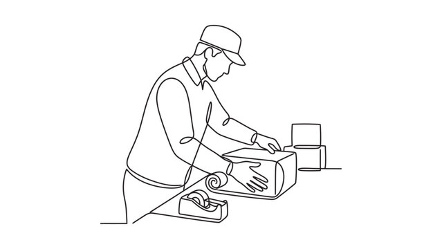 Continuous line drawing of a worker packing a cardboard box.