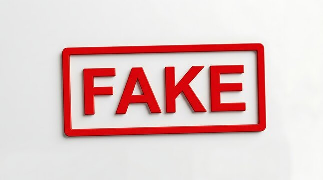 Red fake stamp with bold lettering on plain background