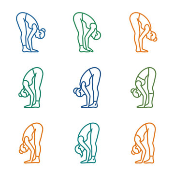Yoga Poses Sequence Forward Fold Uttanasana Line Art Illustrations.