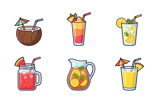 Collection of refreshing summer drinks with fruits and garnishes