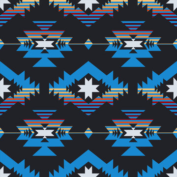 Colorful blue western aztec tribal pattern. Vector Native American Indian seamless pattern stripes design. Ethnic geometric pattern use for fabric, textile, home decoration elements, upholstery, etc.