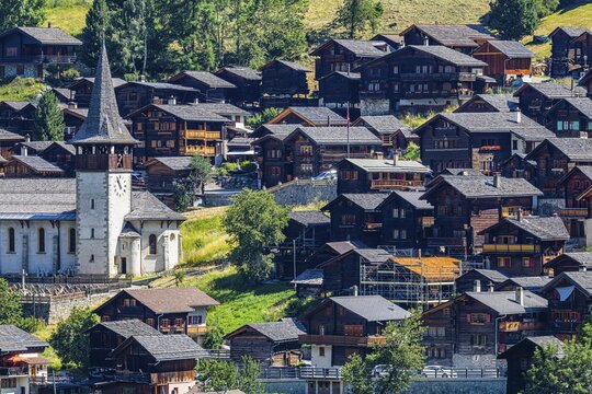 The mountain village of Ayer, Saint Anna church, Val d'Anniviers, Valais Alps, Canton Valais, Switzerland
