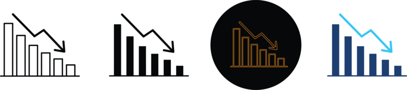 Four distinct icons showing a declining bar chart financial trend