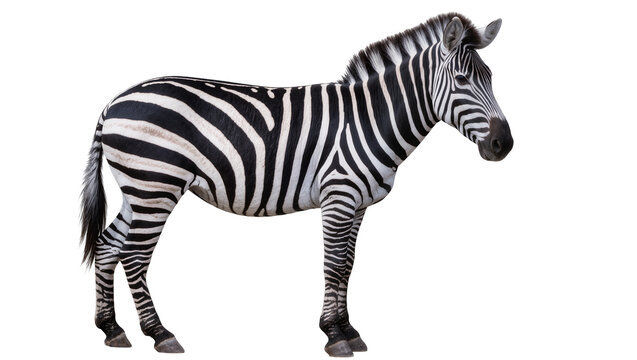 Striped zebra standing profile, isolated on transparent background