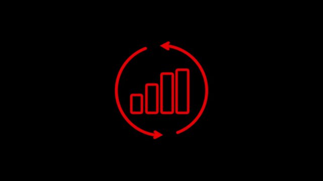 Red bar chart graph with circular arrows on black background data analysis and statistics concept
