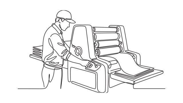 Continuous line drawing of a print operator working with an offset press machine.