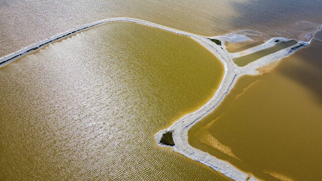 Aerial of the colourful salinas of Las Coloradas, Yucatan, Mexico