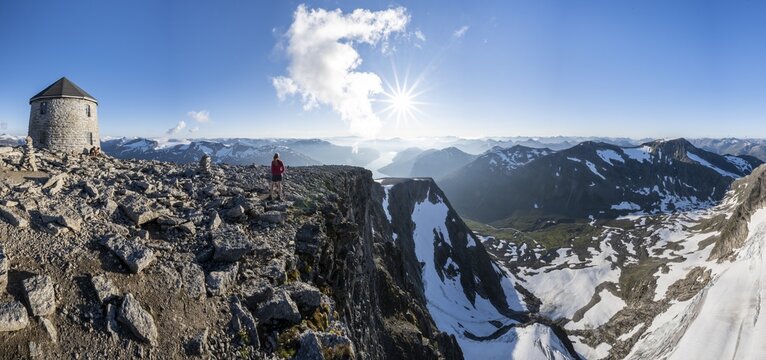 Mountain hut Kloumanst&aring;rnet, mountain hut with tower, Jostedalsbreen National Park, view from the top of the mountain Sk&aring;la, mountain range Breheimen, Stryn, Vestland, Norway