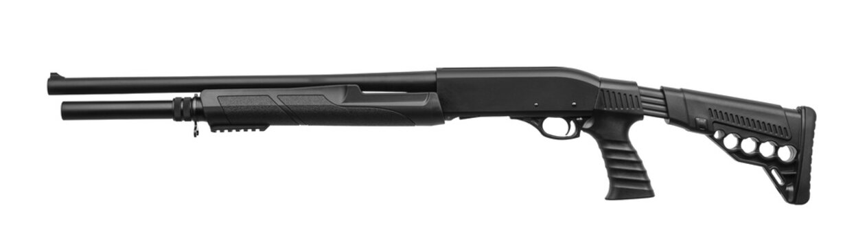 Modern black tactical pump action shotgun