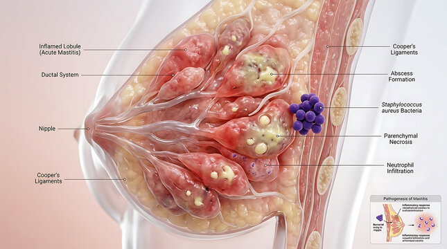 Transparent Human Mammary Gland with Mastitis Inflammation and Staphylococcus Aureus Bacterial Infection