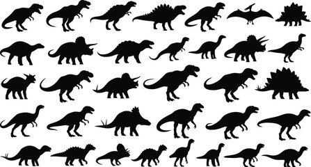 Huge collection of black dinosaur silhouettes showing various prehistoric jurassic animals like tyrannosaurus rex and triceratops isolated on white background for vector design © MdAbdur