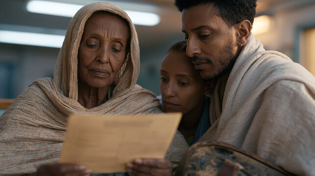 Weathered Ethiopian grandmother holding laminated papers at a fluorescent-lit immigration office, scanning unfamiliar forms while a young interpreter leans close whispering