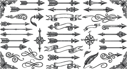 Vintage Filigree Arrow and Calligraphic Element Set with Ornamental Corners, Ribbon Banners, Compass Roses, and Retro Flourish Swirls for Antique Graphic Designs © Monirul