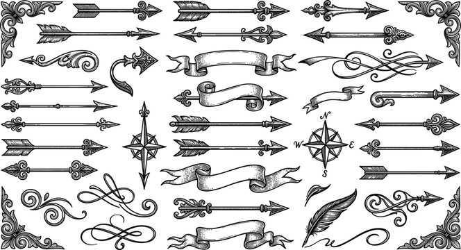 Vintage Filigree Arrow and Calligraphic Element Set with Ornamental Corners, Ribbon Banners, Compass Roses, and Retro Flourish Swirls for Antique Graphic Designs