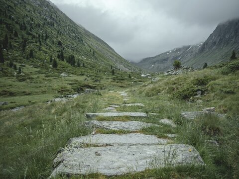 Historical sower's path along which Holocaust survivors travelled from Austria to Italy in 1947 in order to embark for Palestine, Krimmler Tauern, Pinzgau, Salzburg, Austria