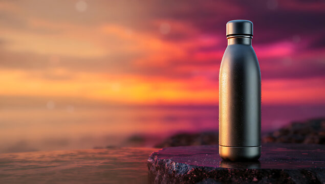 Dark Metal Thermos Bottle With Water Droplets Against Colorful Sunset Sky by the Sea