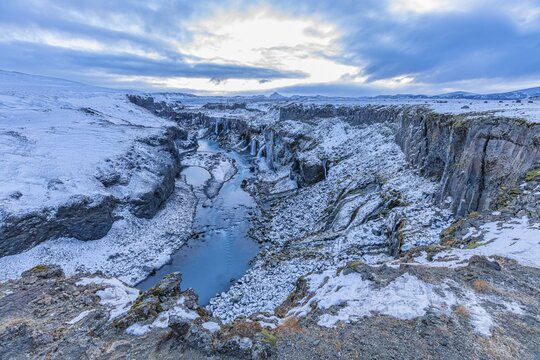 Hrauneyjarfoss waterfalls, onset of winter, Sudurland, Iceland