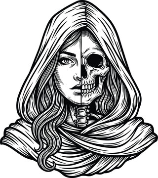 Hand drawn hooded woman with half skull face line art for architectural cad drawing flat vector illustration gothic coloring page