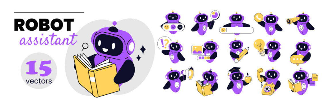 Robot assistant character doing various activities. Artificial intelligence in business concept set. Vector doodle illustration.