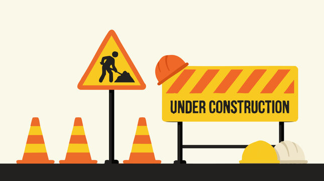 Under Construction Sign and Road Work Elements Flat Design Illustration