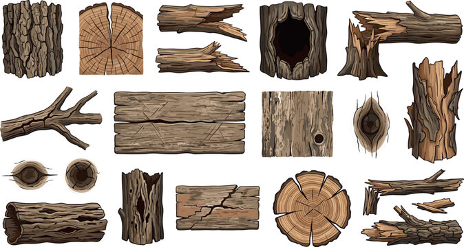 Realistic Wooden Log and Tree Bark Vector Element Set with Cross Sections, Old Stumps, Broken Branches, and Rough Timber Planks for Nature Graphic Designs