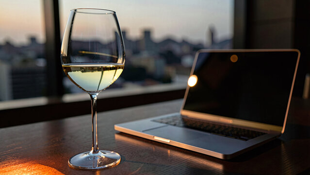 Evening remote work concept featuring a glass of wine and a laptop on a wooden desk overlooking a twilight city skyline.