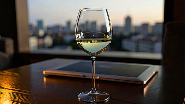 Luxury business lifestyle concept with wine and a laptop at night.