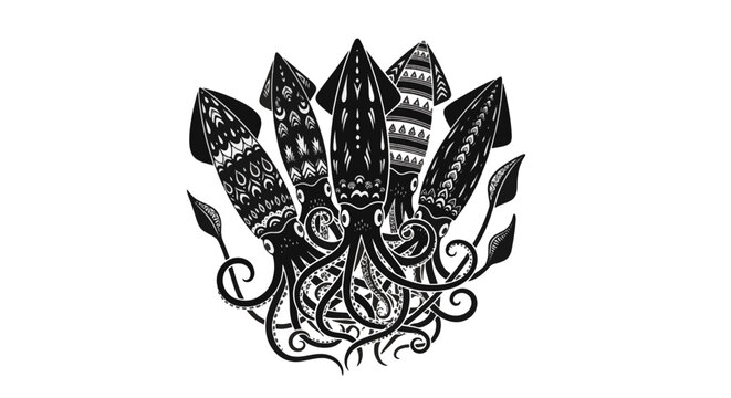Bundle of Five Intricate Squid Silhouettes with Ethnic Tribal Mandala Patterns, Black and White Sea Creature Illustration on Plain White Background for Marine Life Graphic Design.