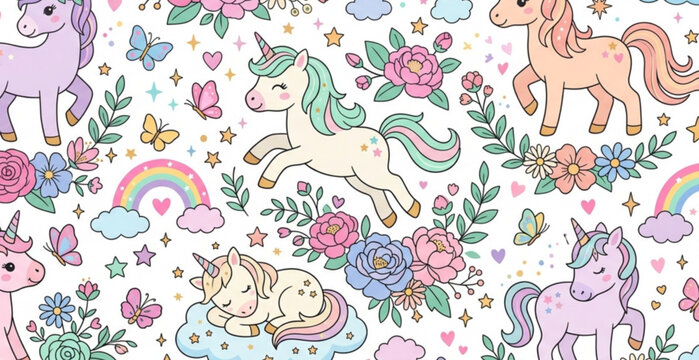 Cute Unicorn Floral Seamless Pattern Vector with Magical Flowers for Girls Fabric Print