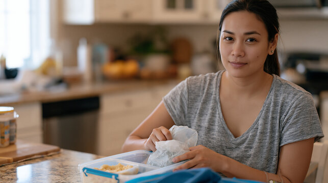 Filipina woman with visible IV port on arm preparing a school lunchbox at kitchen counter, chronic illness daily routine, invisible disability, motherhood persistence, autoimmune