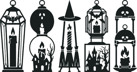 Naklejka premium Set of thirty-one black candle silhouettes with melting wax and glowing flames for spiritual religious Black silhouette candles and cauldron collection for halloween design