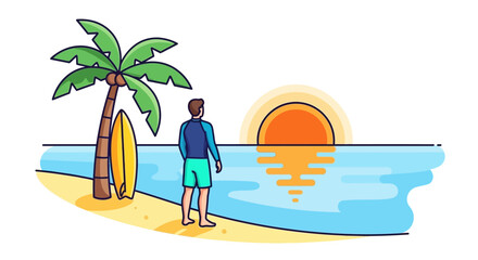 Fototapeta premium Man with surfboard watching sunset on a tropical beach
