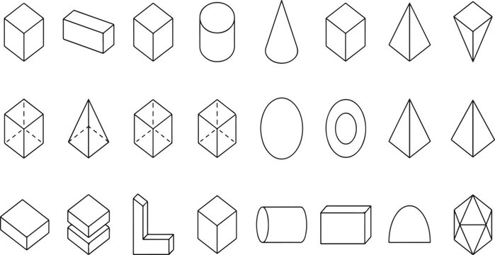 Set of isometric geometric shapes, 3 d primitives and polyhedrons