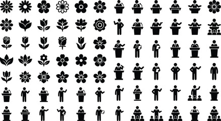 Fototapeta premium Flower and Business People Icons Set with Floral Elements, Presentation, Leadership and Teamwork Vector Collection