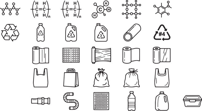 Plastic production and recycling icons set, chemical structures and plastic products, vector illustration