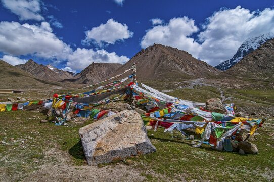 Praying flags along the Kailash Kora, Western Tibet, Asia