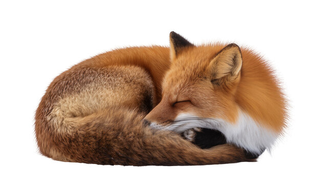 Sleeping red fox curled up with tail covering nose, isolated on transparent background
