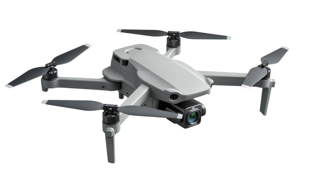 Compact grey drone with camera and propellers, isolated on transparent background