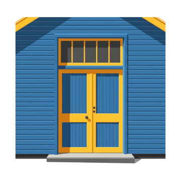Vector illustration of a blue horizontal wooden siding building featuring a bright yellow double door with blue inset panels, a five-pane transom window, and a grey concrete step.