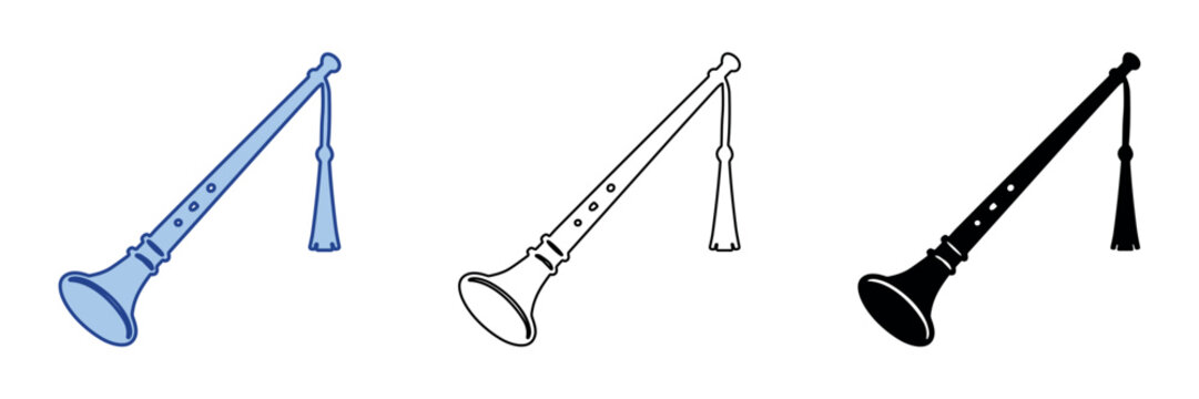 Traditional wind instrument with a flared bell and decorative tassel, shown in multiple styles
